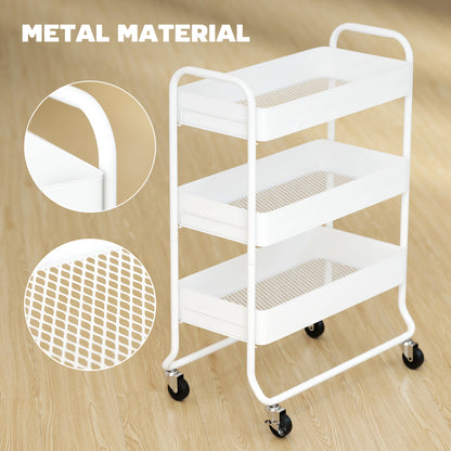 3-Tier Storage Trolley, Storage Cart with Mesh Backets, Wheels, White