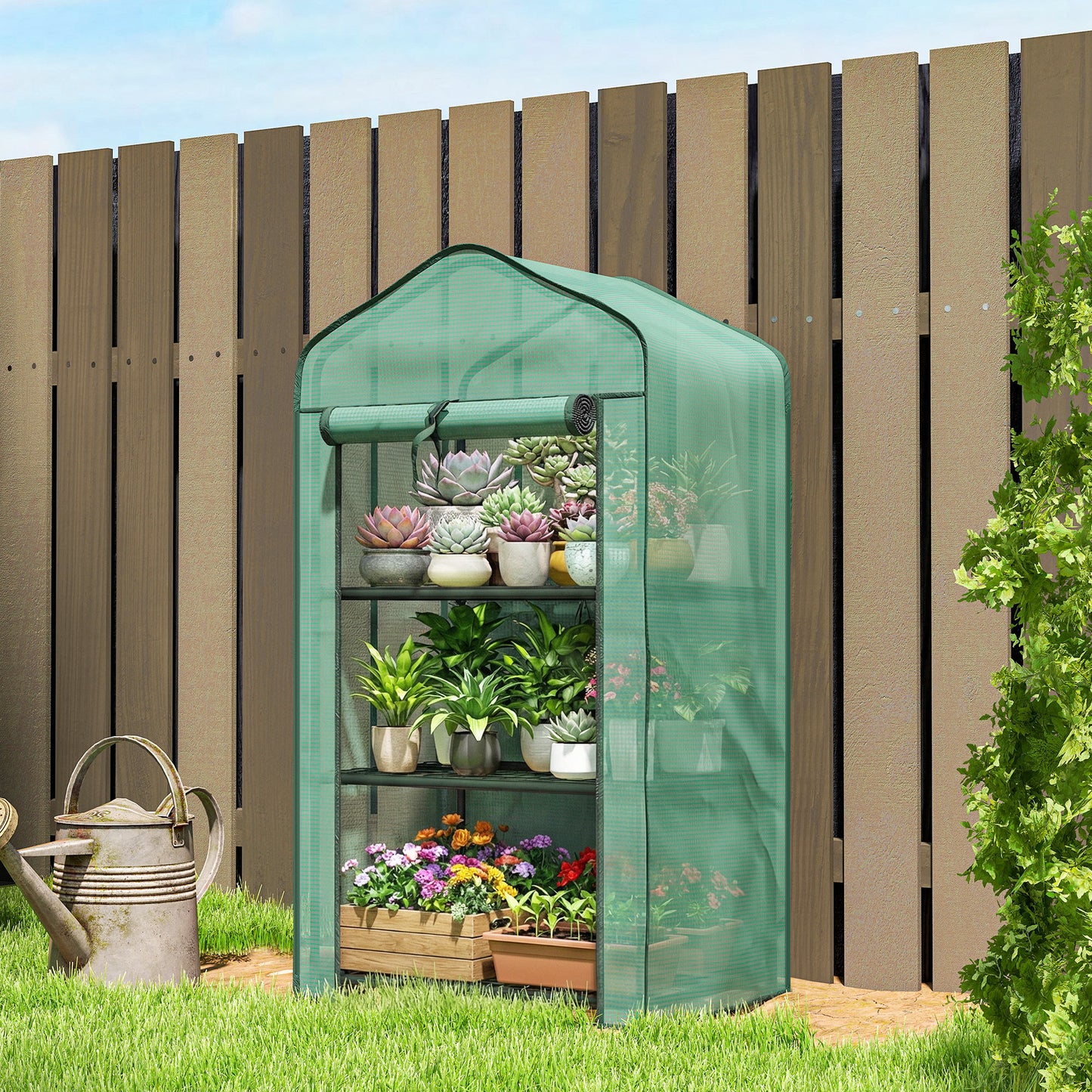 Portable Mini Greenhouse with Roll-up Door and Wire Shelves, Green