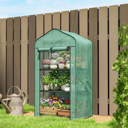 Portable Mini Greenhouse with Roll-up Door and Wire Shelves, Green