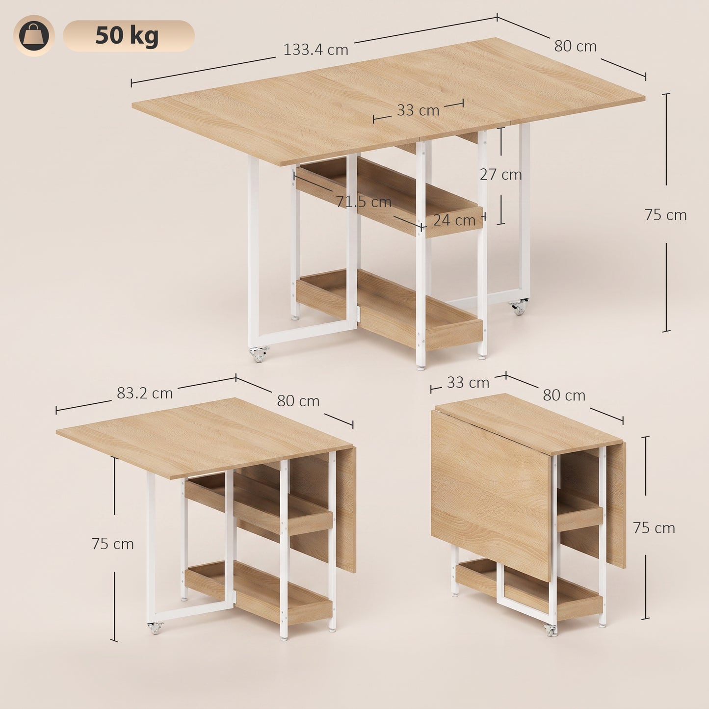 Folding Dining Table, Drop Leaf Table w/ Open Compartments, Natural