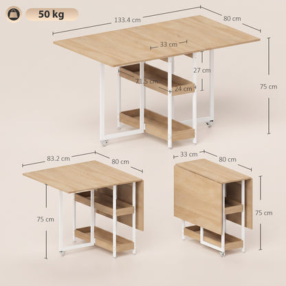 Folding Dining Table, Drop Leaf Table w/ Open Compartments, Natural
