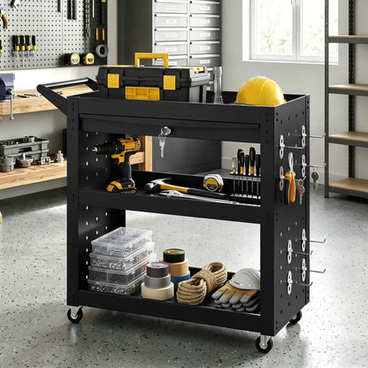 3-Tier Shelf Tool Cart with Pegboards and Drawer, Storage Trolley Wheel Cart with Brakes for Garage Workshop Warehouse, Black