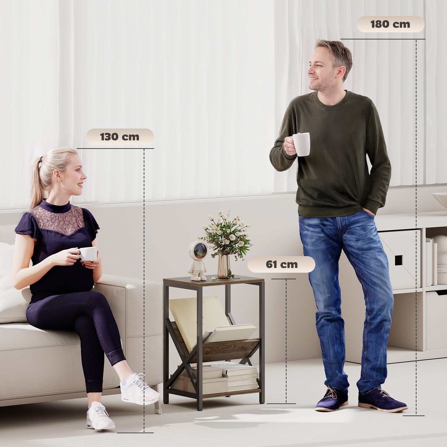 Narrow Side Table, End Table with 3-Tier Storage for Living Room