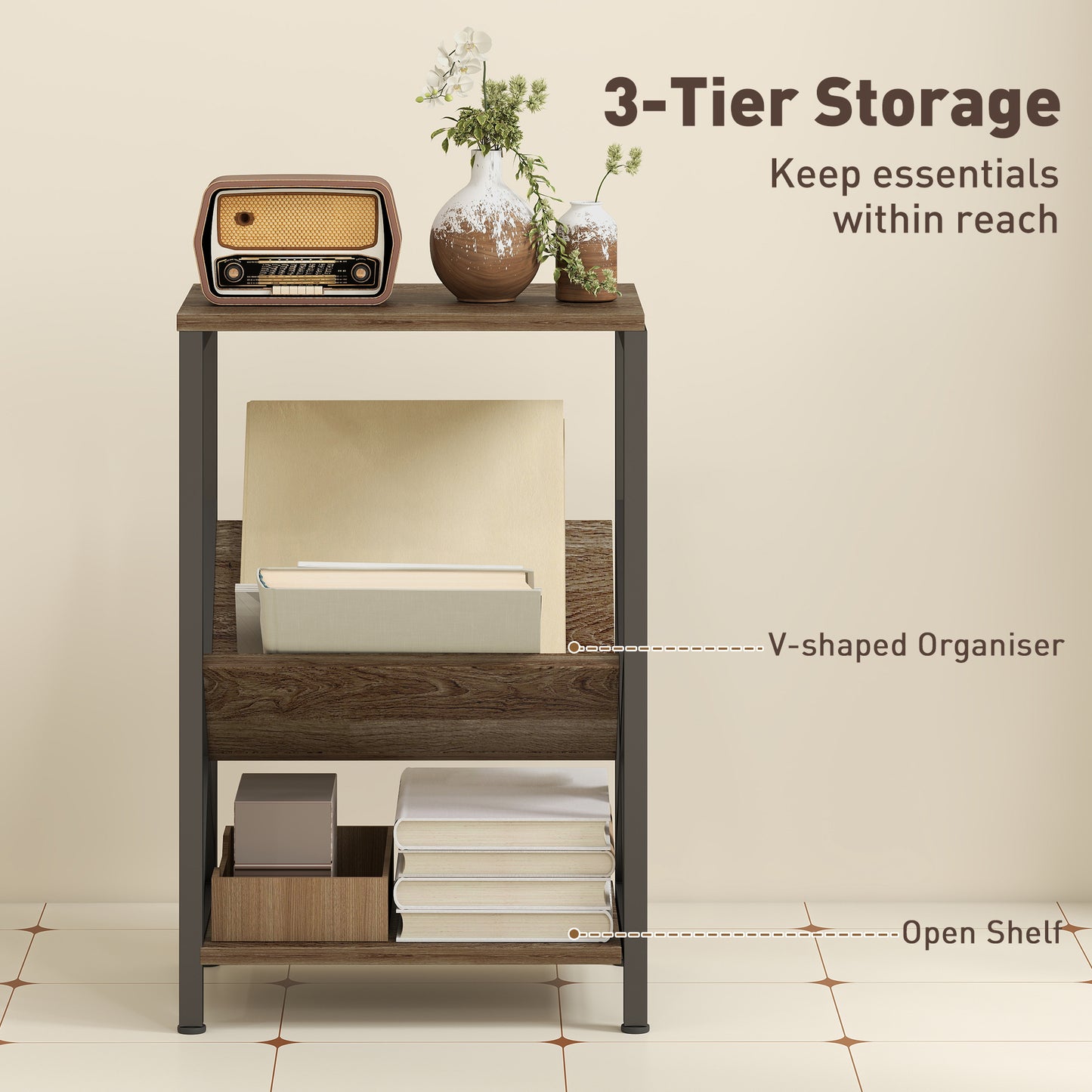 Narrow Side Table, End Table with 3-Tier Storage for Living Room