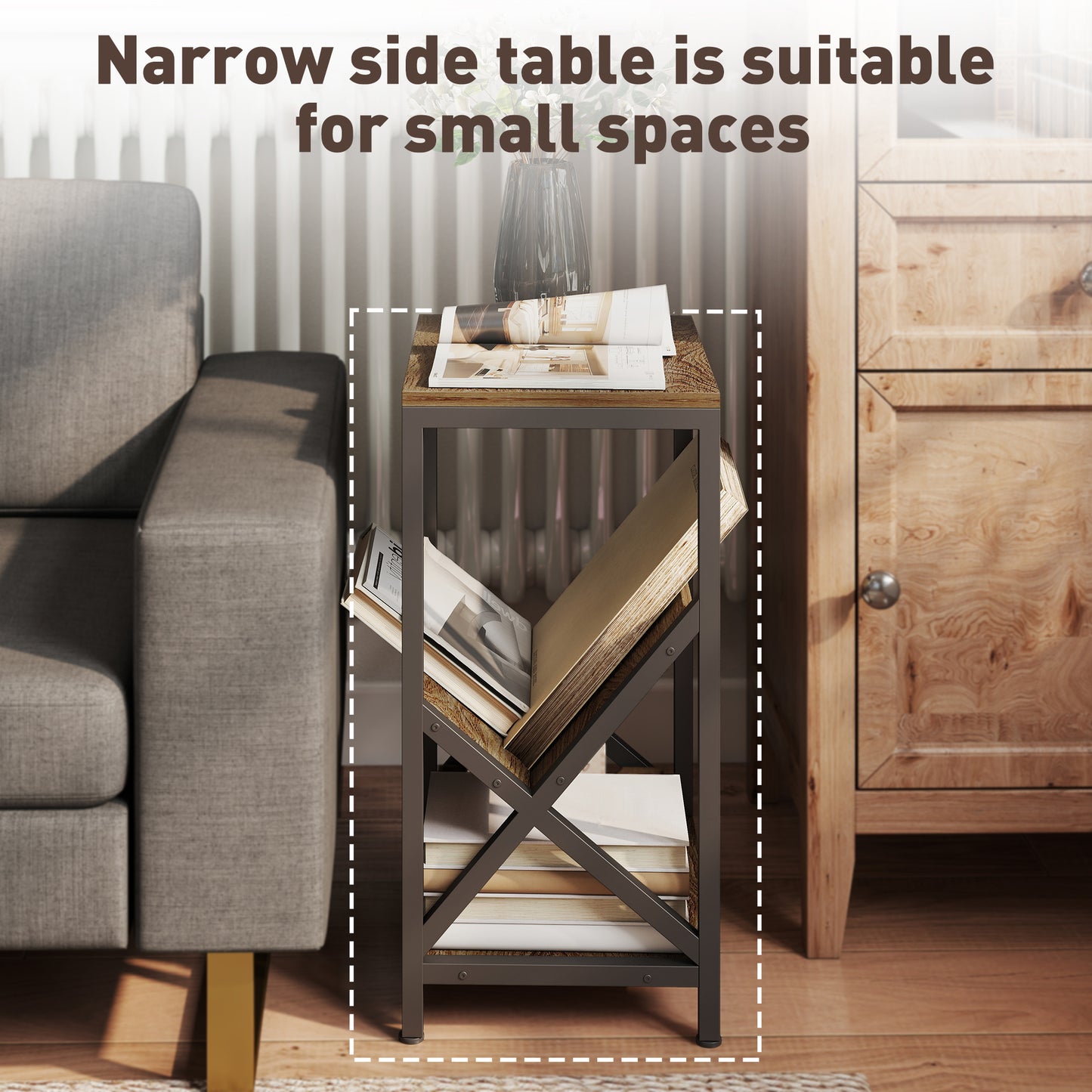 Narrow Side Table, End Table with 3-Tier Storage for Living Room