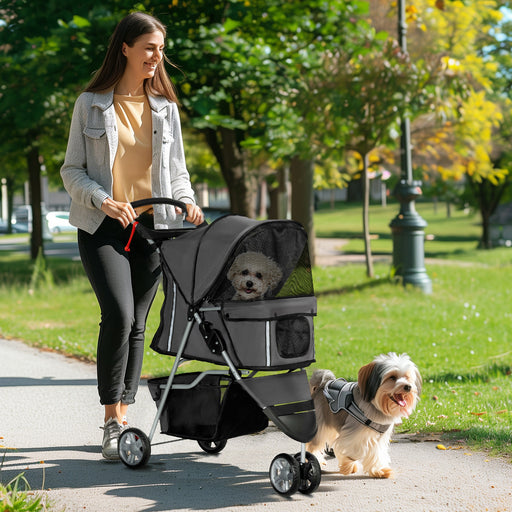 Pet Stroller Pushchair Carrier for Cat Puppy with 3 Wheels Dark Grey