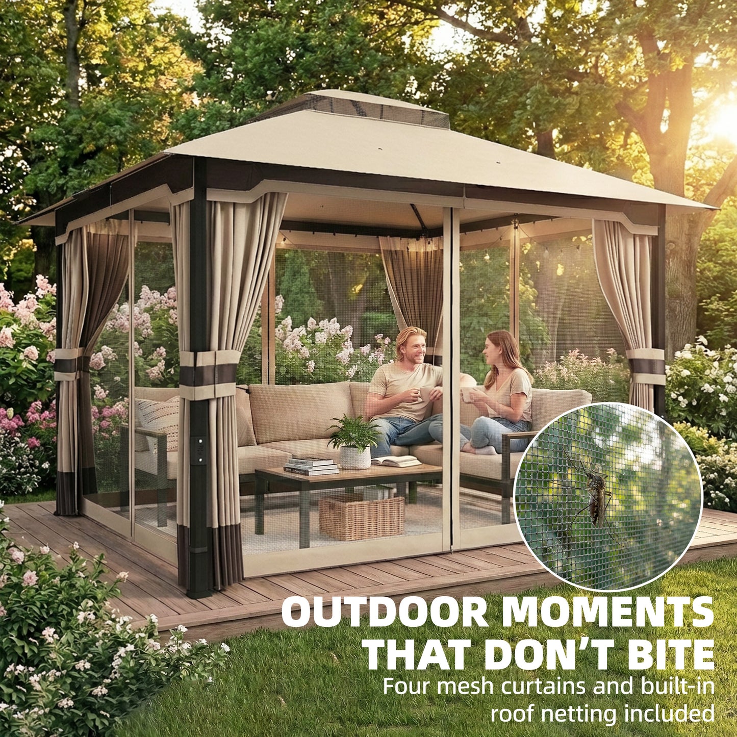 3 x 3.6 m Outdoor Garden Gazebo with Netting, Curtains, Khaki