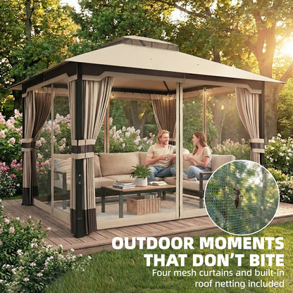 3 x 3.6 m Outdoor Garden Gazebo with Netting, Curtains, Khaki