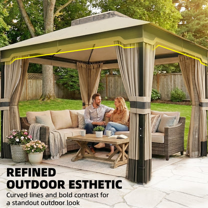 3 x 3.6 m Outdoor Garden Gazebo with Netting, Curtains, Khaki