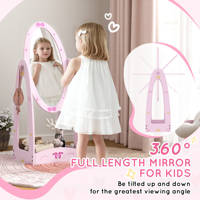 360° Rotating Kids Full Length Mirror with Storage Shelf, Pink