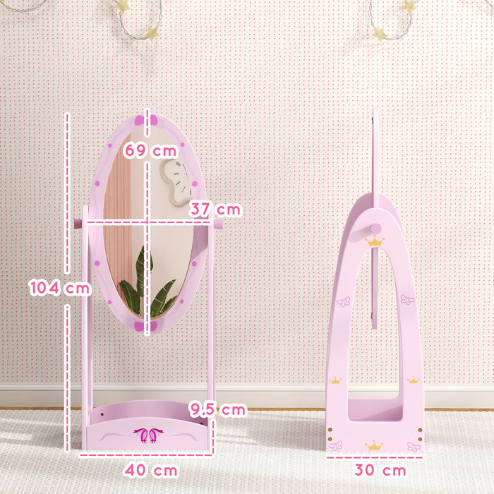 360° Rotating Kids Full Length Mirror with Storage Shelf, Pink