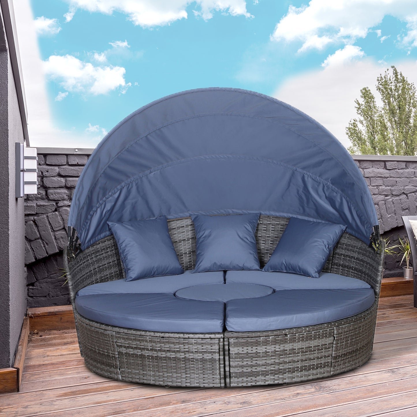 5-Seater Rattan Garden Furniture Cushioned Wicker Round  Bed with Coffee Table Patio Conversation Furniture Set, Grey with Blue Cushions