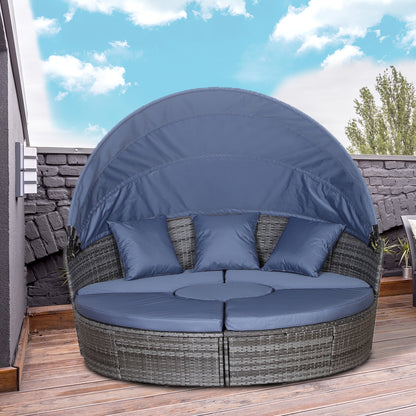 5-Seater Rattan Garden Furniture Cushioned Wicker Round  Bed with Coffee Table Patio Conversation Furniture Set, Grey with Blue Cushions