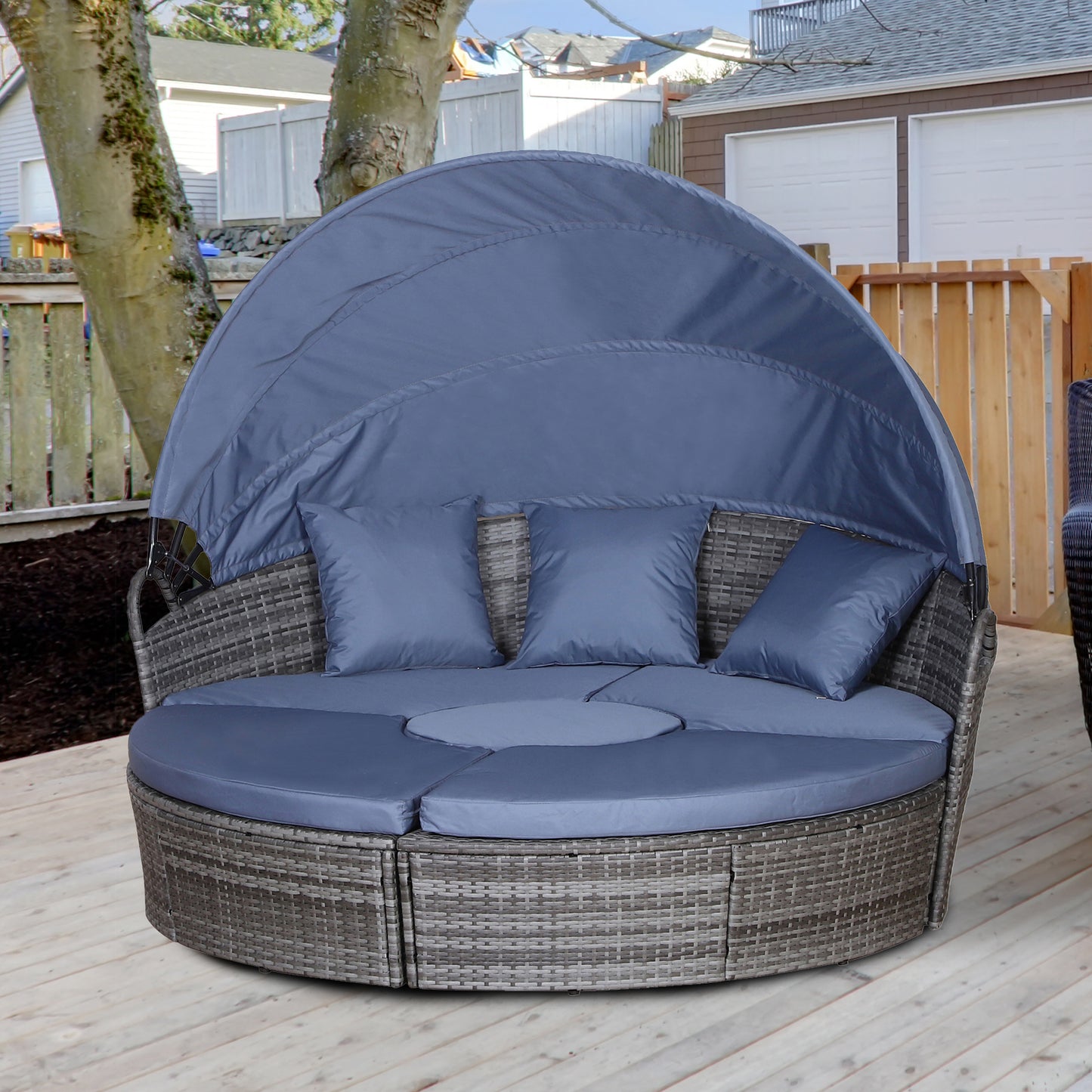 5-Seater Rattan Garden Furniture Cushioned Wicker Round  Bed with Coffee Table Patio Conversation Furniture Set, Grey with Blue Cushions