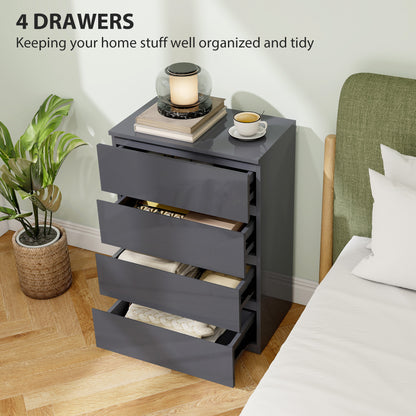 Bedroom Chest of Drawers, High Gloss 4 Drawers Dresser, Grey