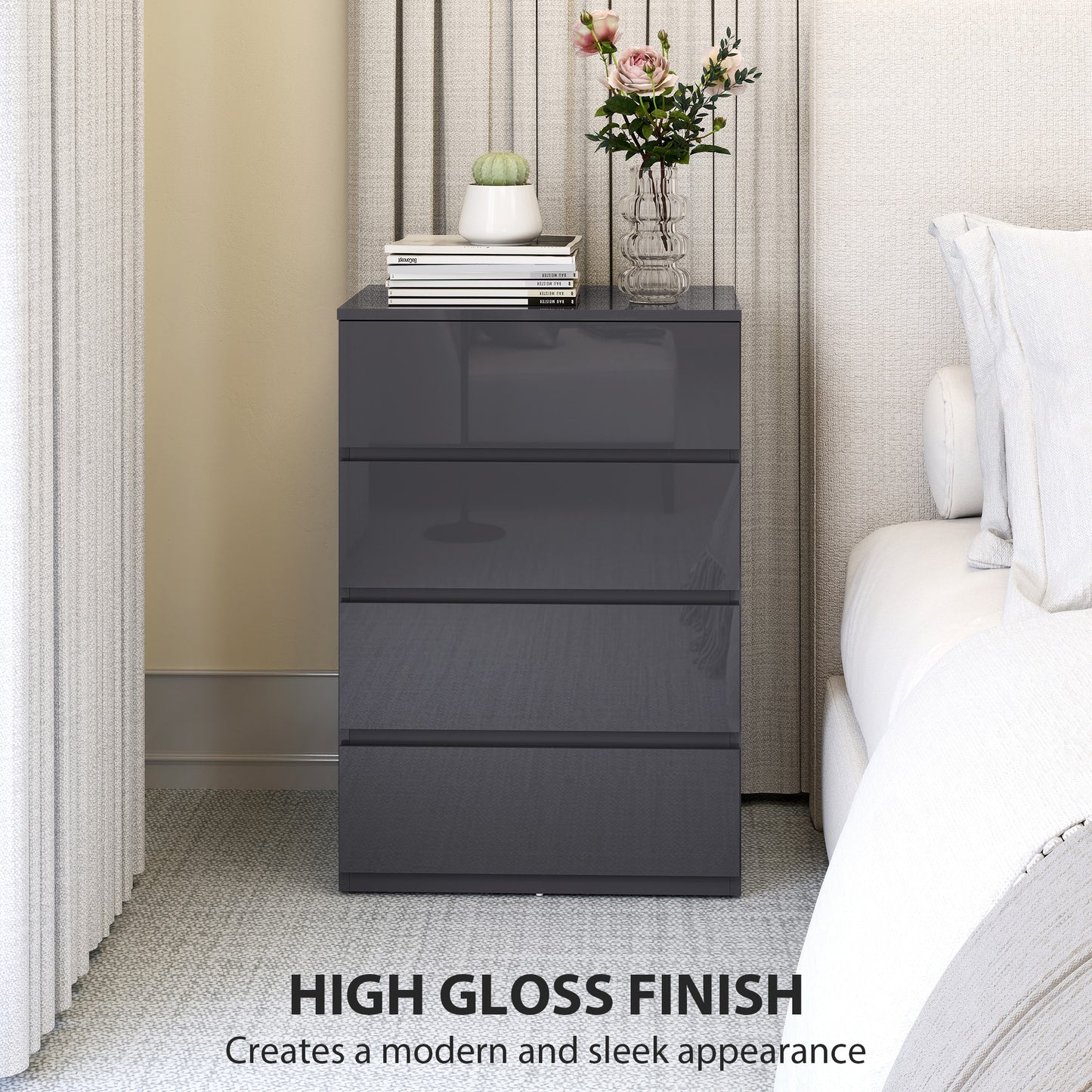 Bedroom Chest of Drawers, High Gloss 4 Drawers Dresser, Grey
