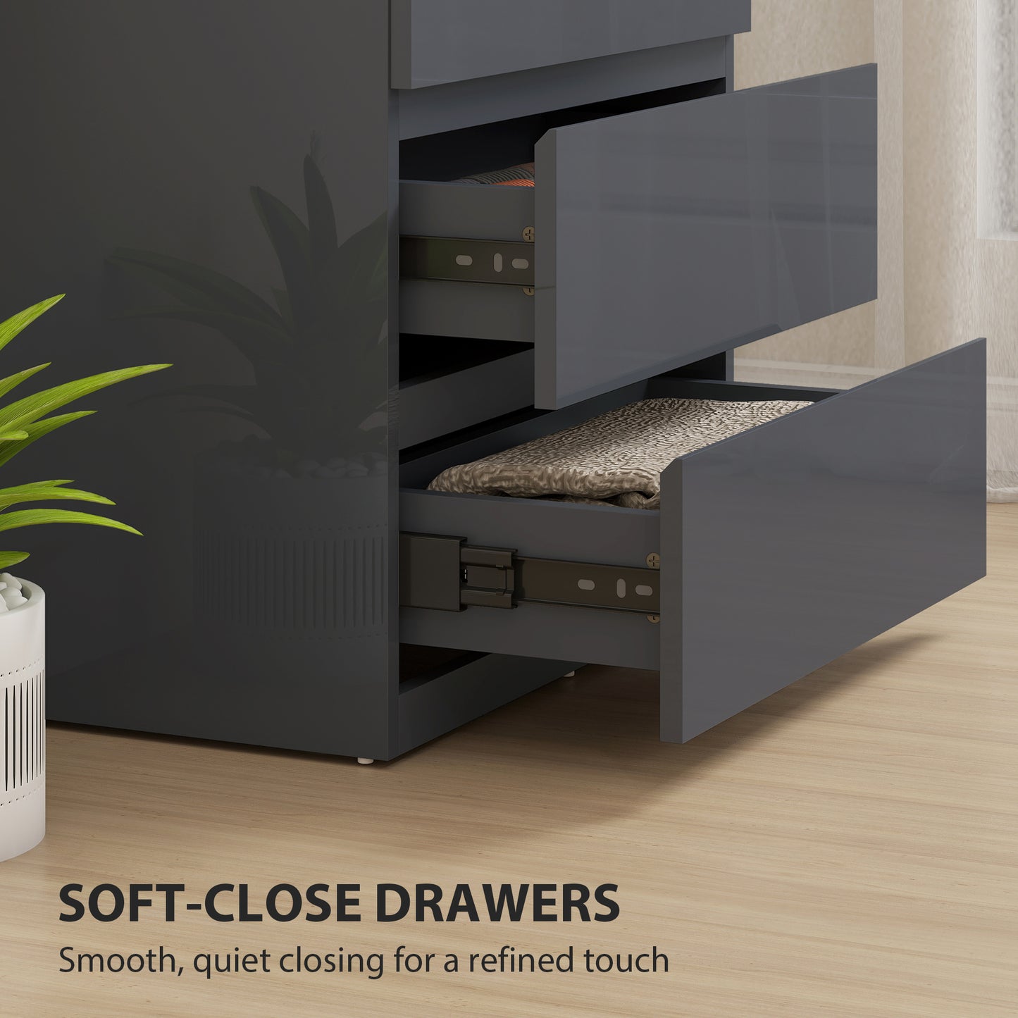 Bedroom Chest of Drawers, High Gloss 4 Drawers Dresser, Grey