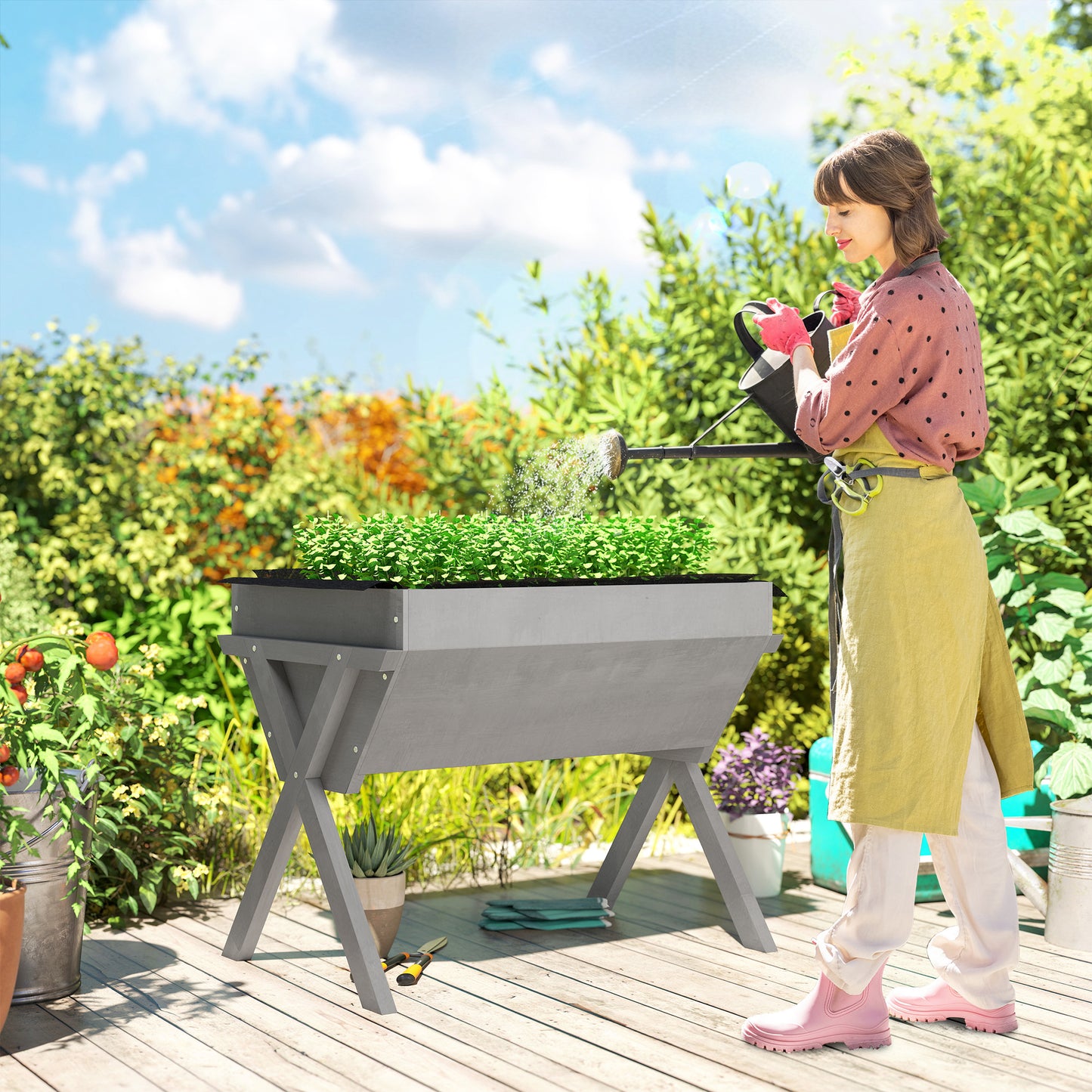 Wooden Planter Raised Bed Stand Vegetable Flower Bed, Light Grey
