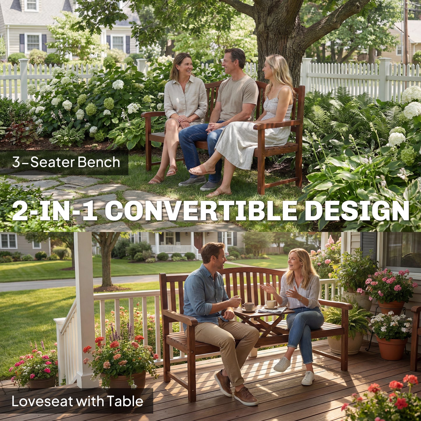 Wood Garden Loveseat Bench with Liftable Table, Cover, Light Brown