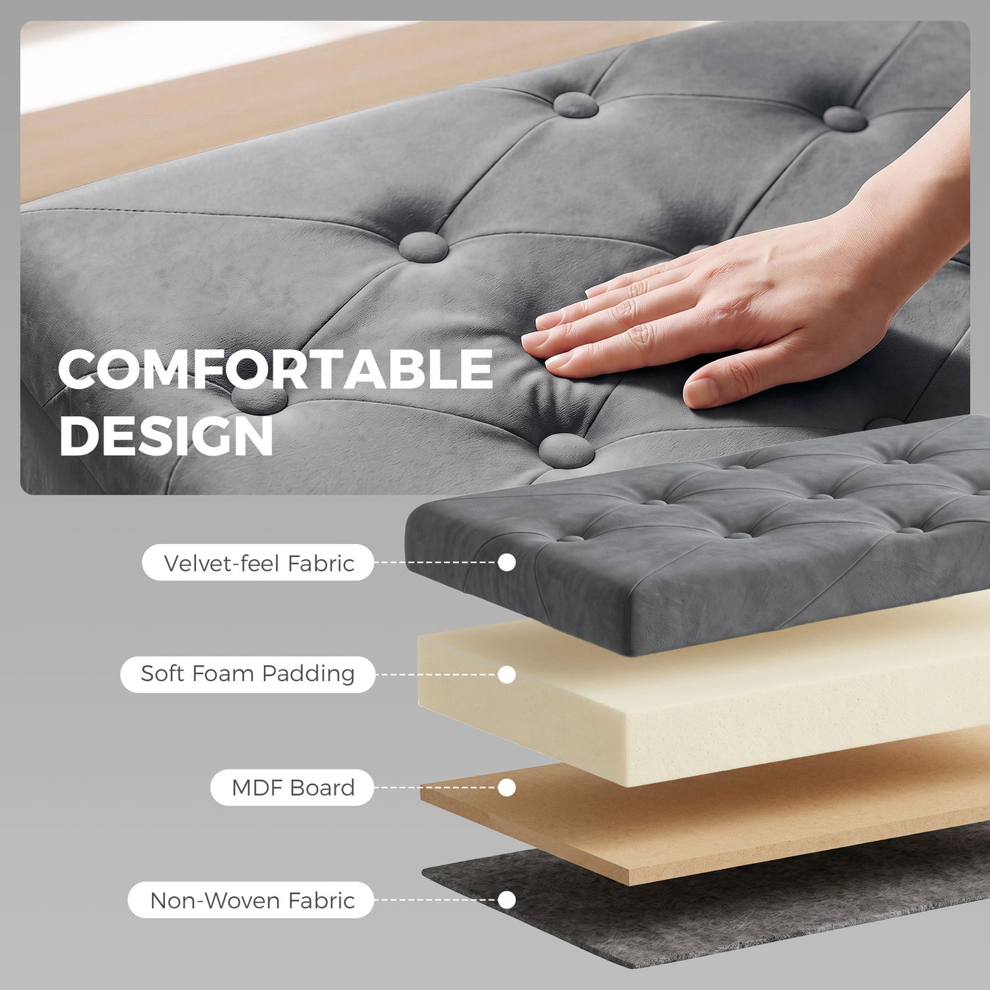 Velvet Upholstered Foldable Ottoman Footrest with Wood Legs, Grey