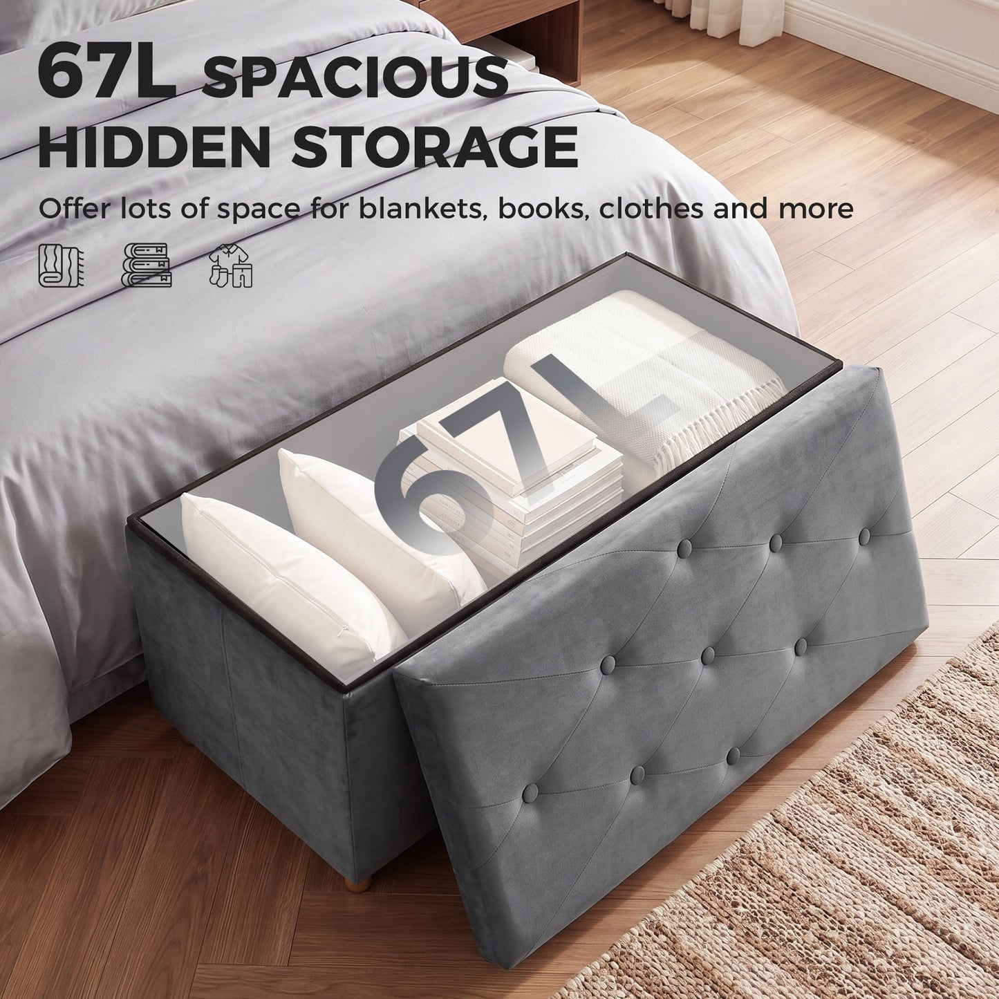 Velvet Upholstered Foldable Ottoman Footrest with Wood Legs, Grey