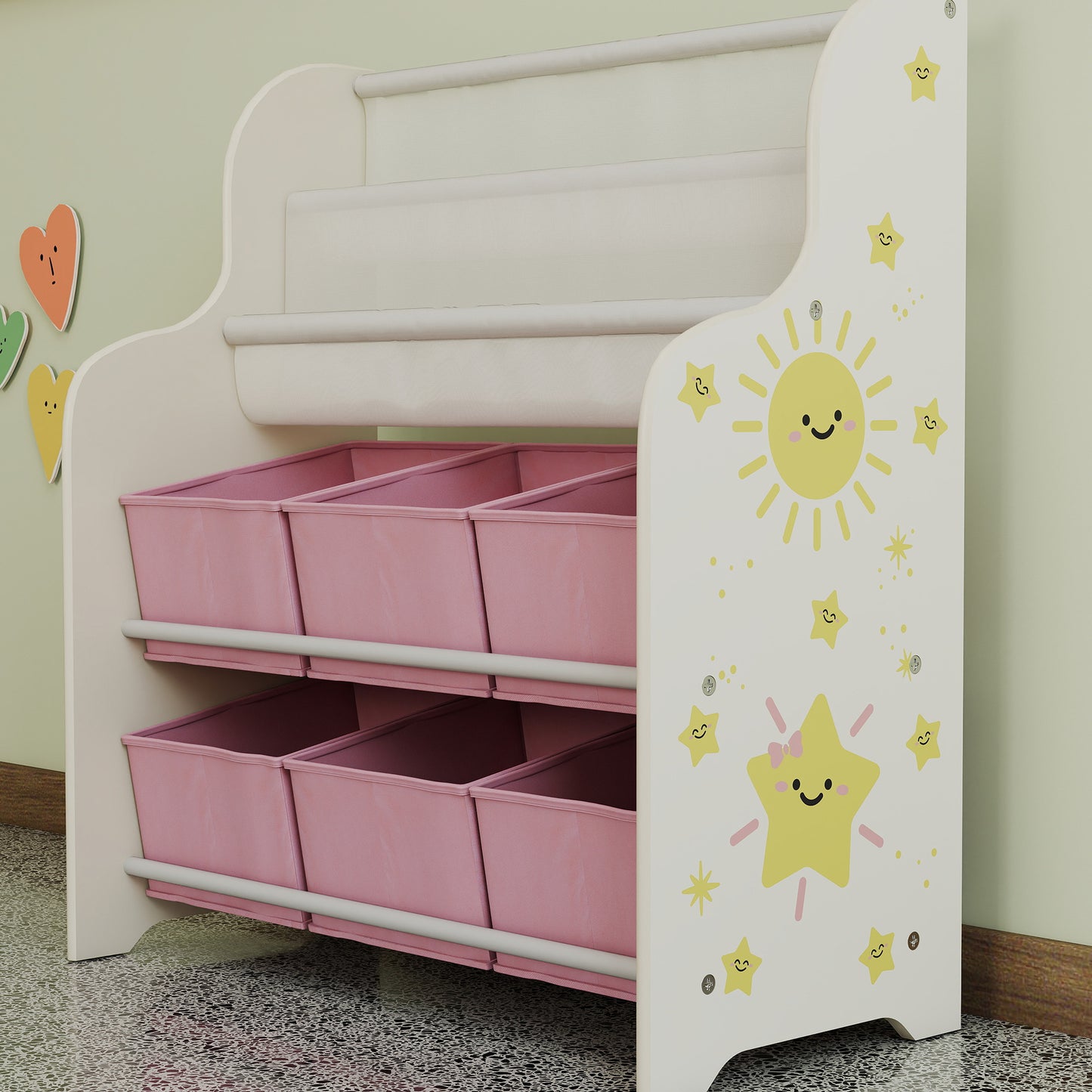 Kids Storage Unit with 6 Fabric Drawers & 2-Tier Sling Rack, Pink