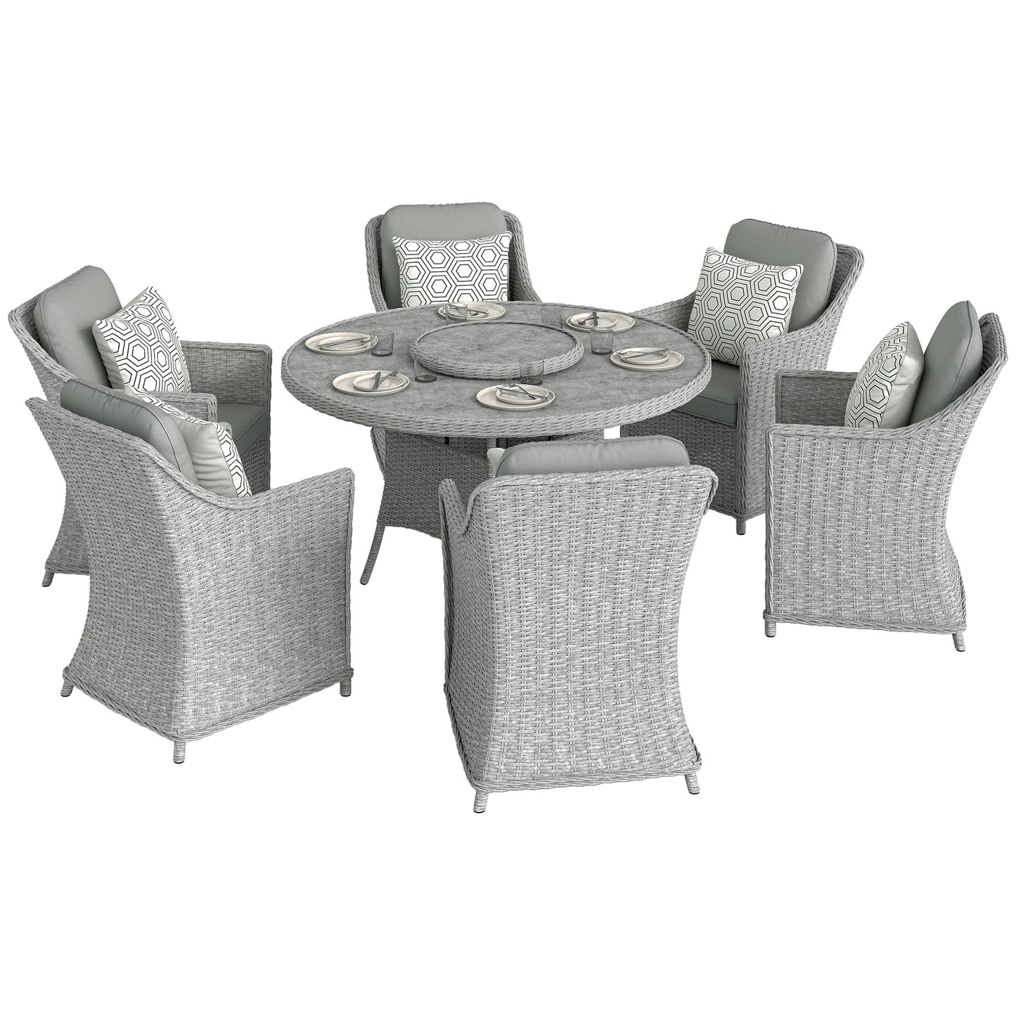 Rattan Garden Dining Set with Turntable, Aluminium Frame, Grey