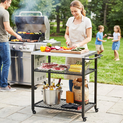 Outdoor Grill Cart, Movable Food Prep Table with Wheels, Hooks