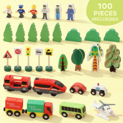 Wooden Train Set, 100 Piece Toy Train with Crane for 3+ Years Old