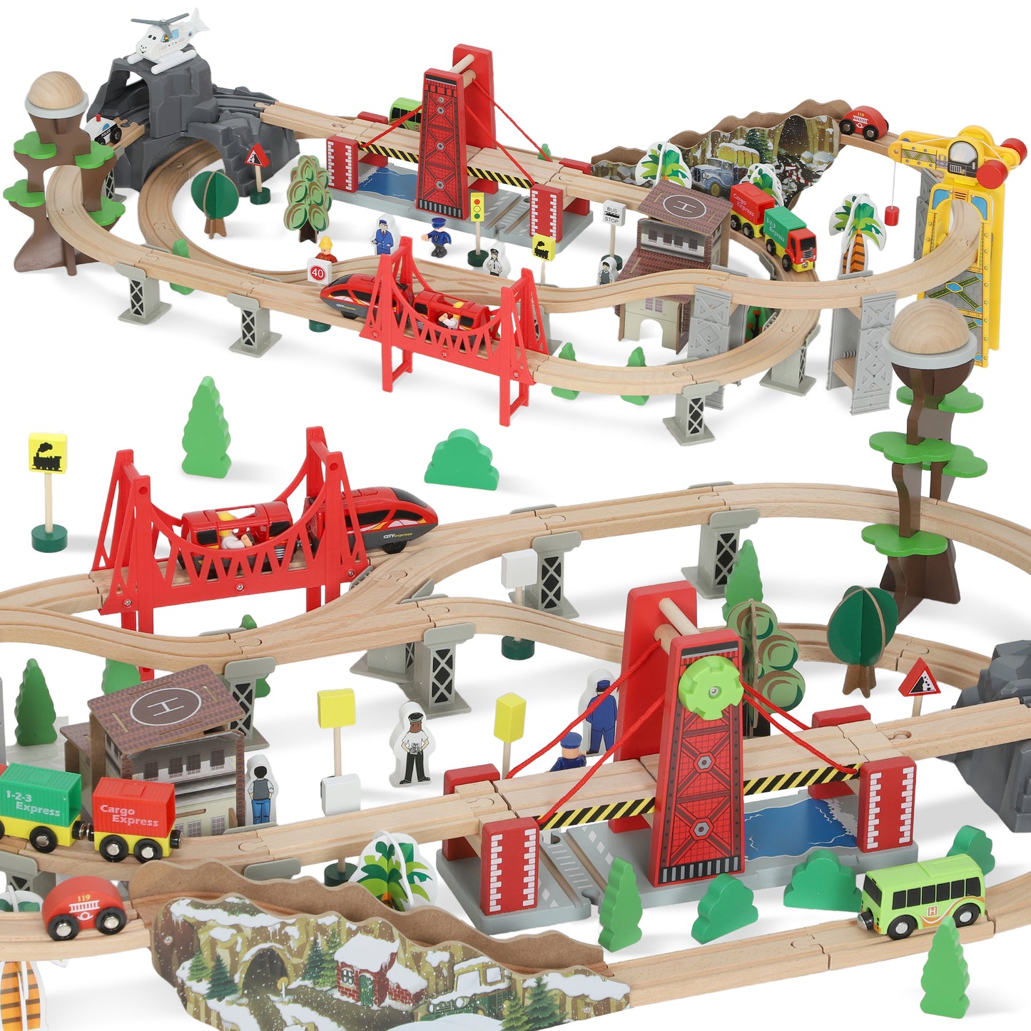 Wooden Train Set, 100 Piece Toy Train with Crane for 3+ Years Old