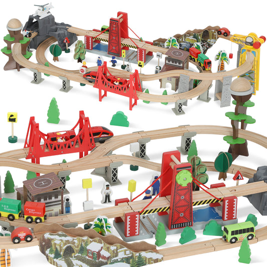 Wooden Train Set, 100 Piece Toy Train with Crane for 3+ Years Old