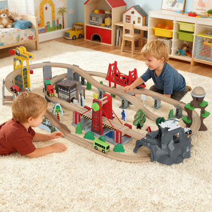 Wooden Train Set, 100 Piece Toy Train with Crane for 3+ Years Old