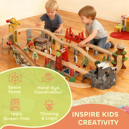 Wooden Train Set, 100 Piece Toy Train with Crane for 3+ Years Old