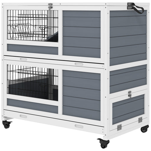 Double Deckers Guinea Pig Cage Rabbit Hutch Indoor with Feeding Trough, Trays, Ramps, Openable Top - Grey