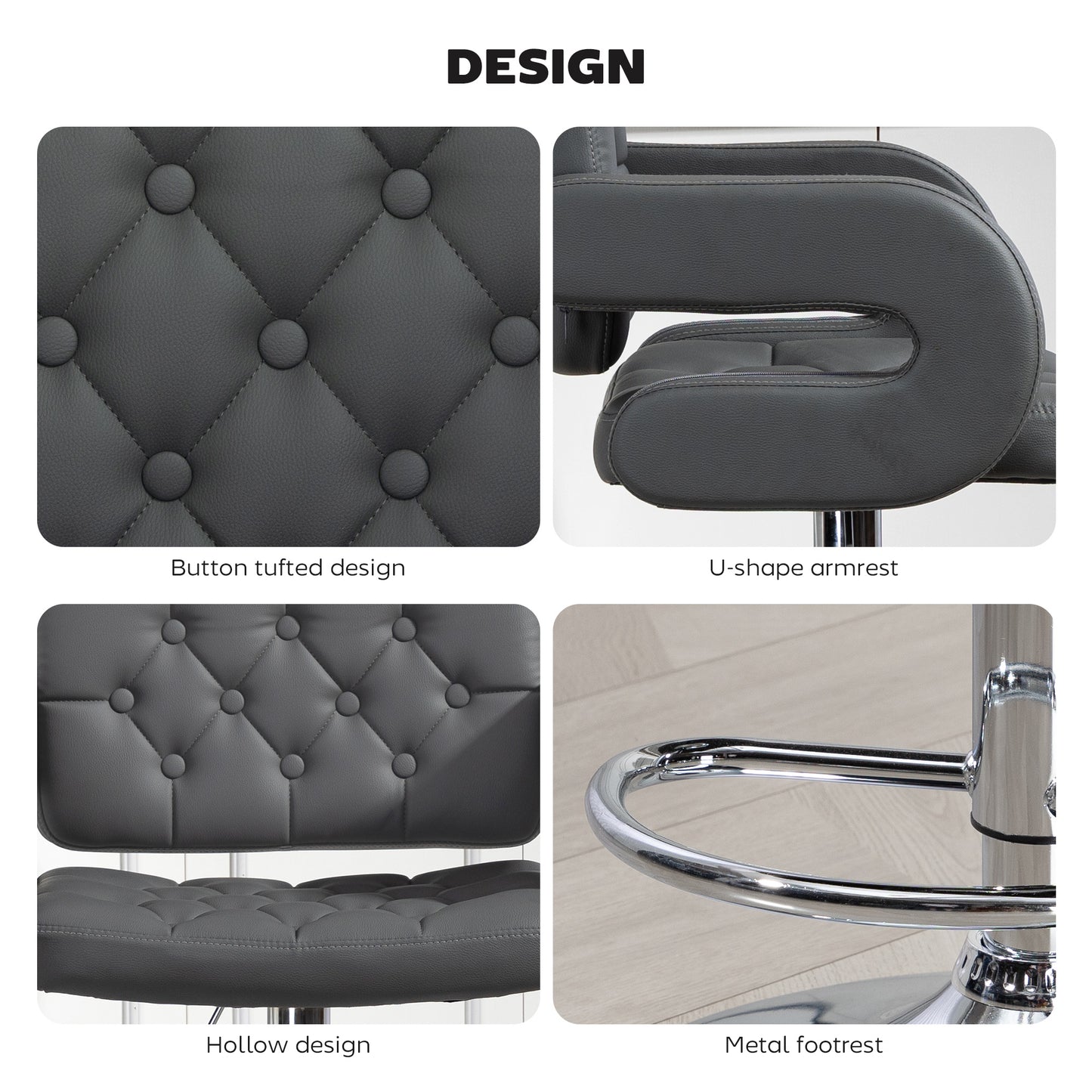 Adjustable Height Barstool Steel Pole PU Leather, Grey