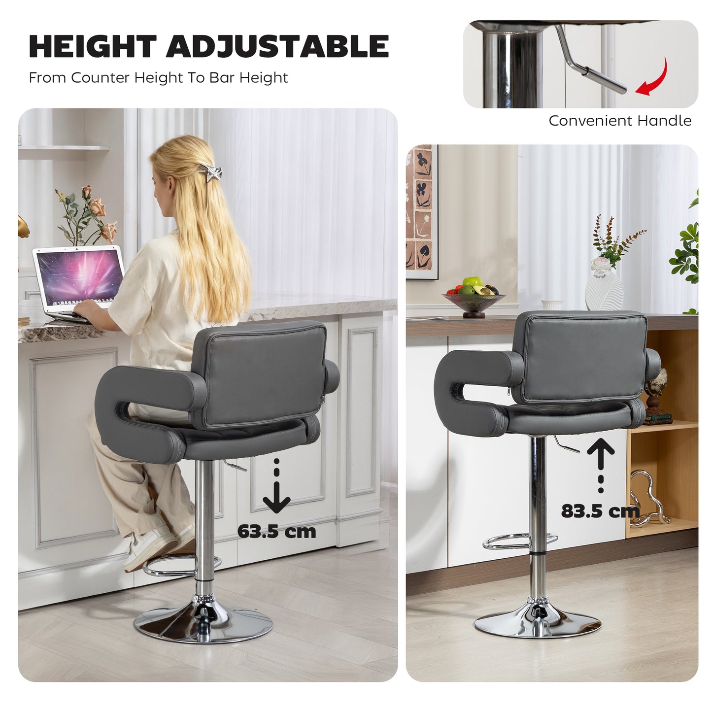 Adjustable Height Barstool Steel Pole PU Leather, Grey