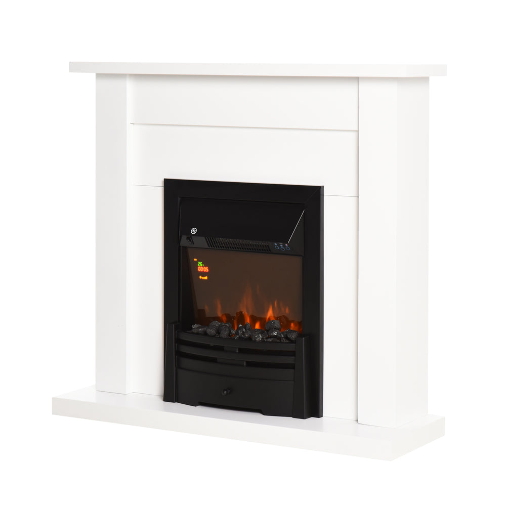 Electric Firplace Suites & Mantelpiece w/LED Flames Remote Marble Stone Modern Curved Surround Intelligent Safe Tempered Glass