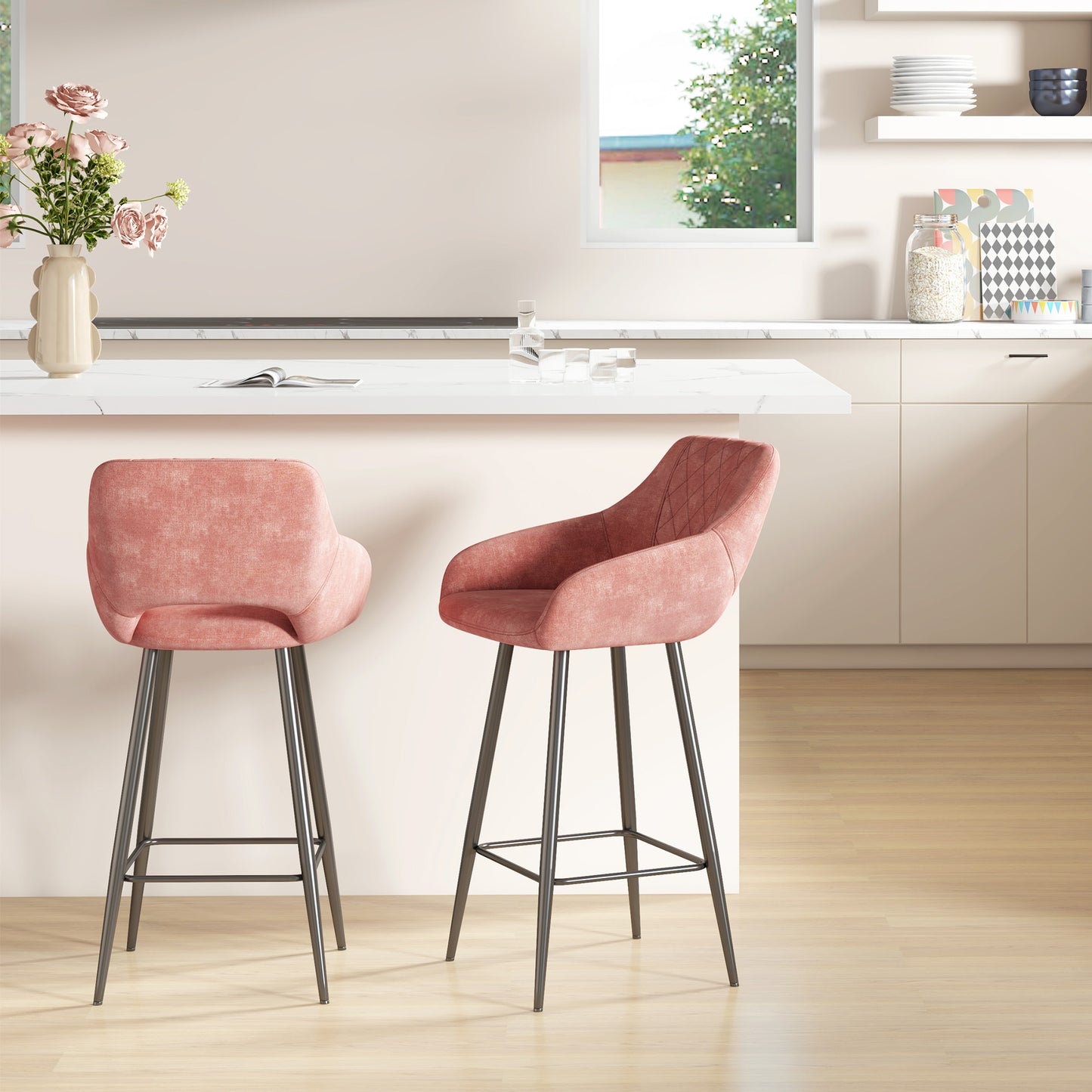 Bar Stools Set of 2, Velvet-Touch Fabric Counter Height Bar Chairs Pink