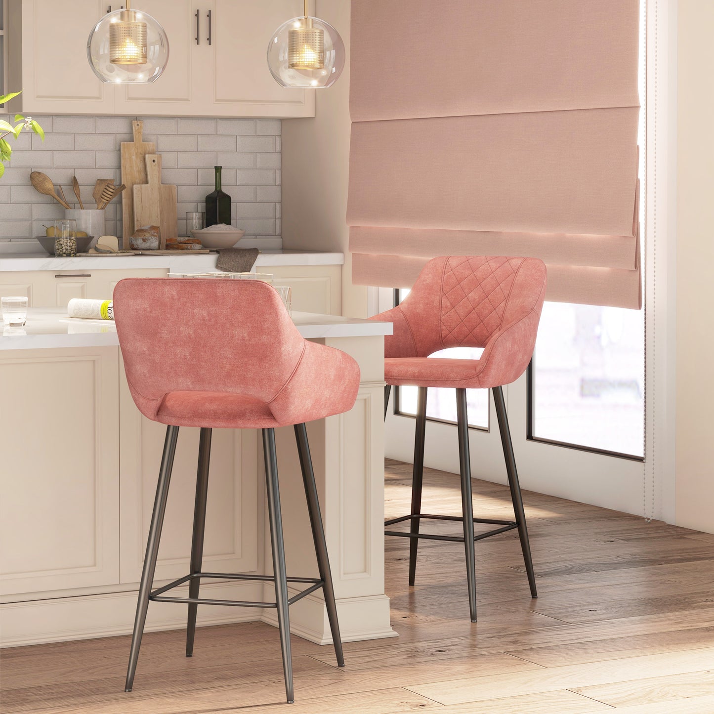 Bar Stools Set of 2, Velvet-Touch Fabric Counter Height Bar Chairs Pink