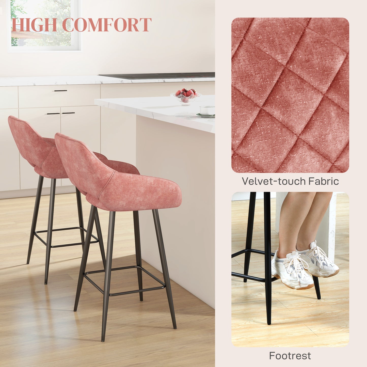 Bar Stools Set of 2, Velvet-Touch Fabric Counter Height Bar Chairs Pink