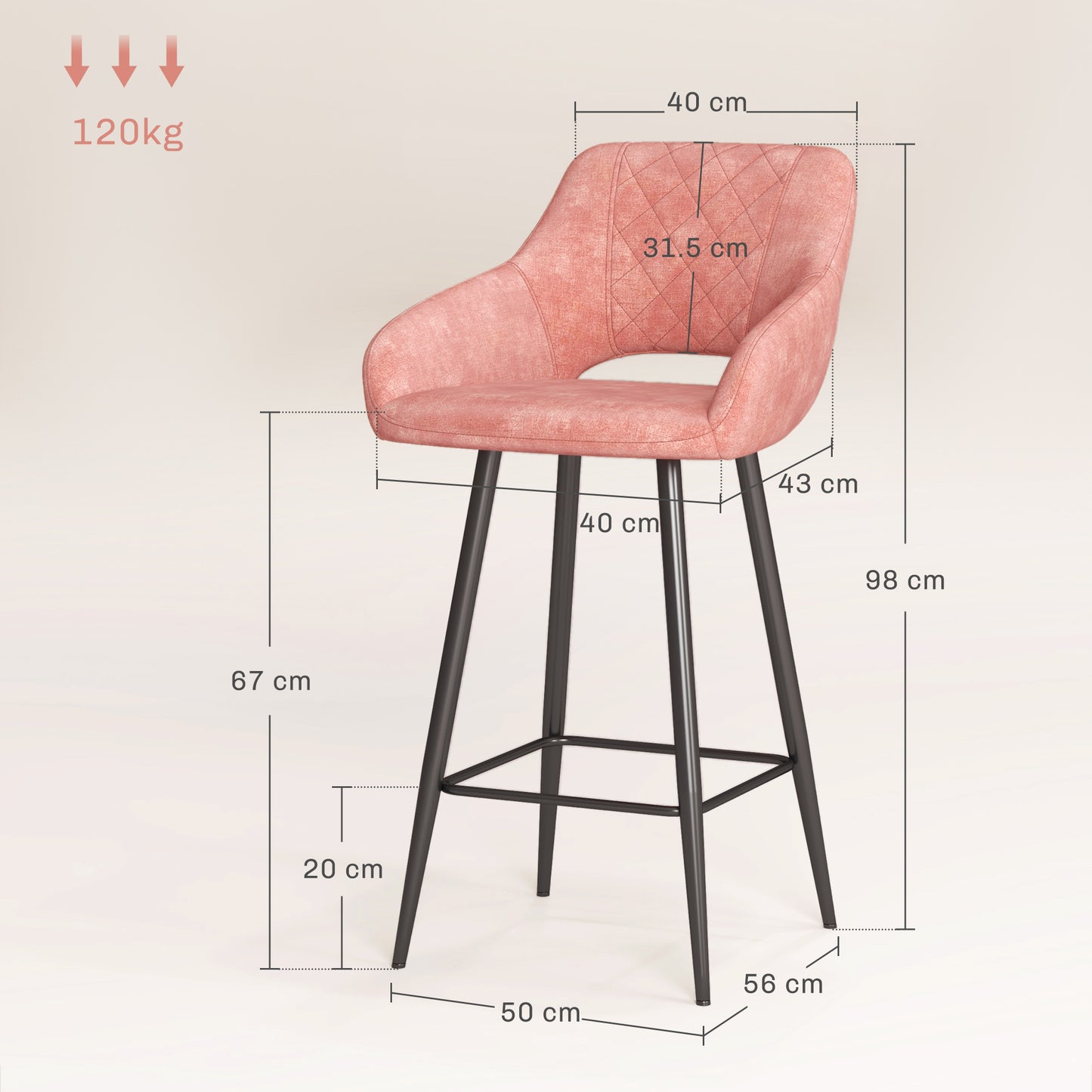 Bar Stools Set of 2, Velvet-Touch Fabric Counter Height Bar Chairs Pink