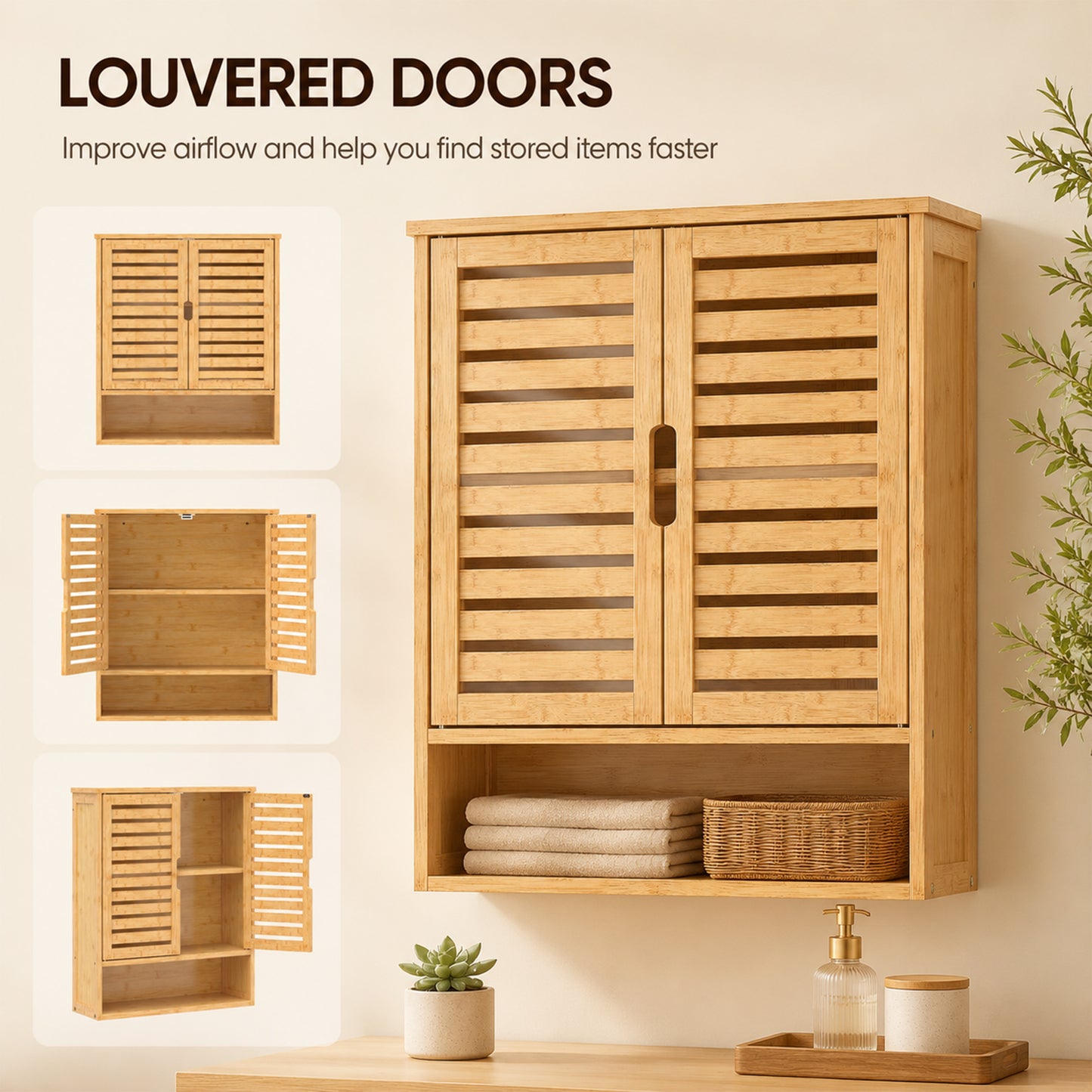 Wall Mounted Bathroom Cabinet with 2 Louvered Doors, Open Shelf
