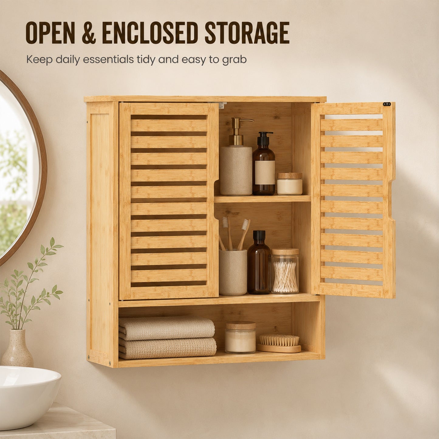 Wall Mounted Bathroom Cabinet with 2 Louvered Doors, Open Shelf
