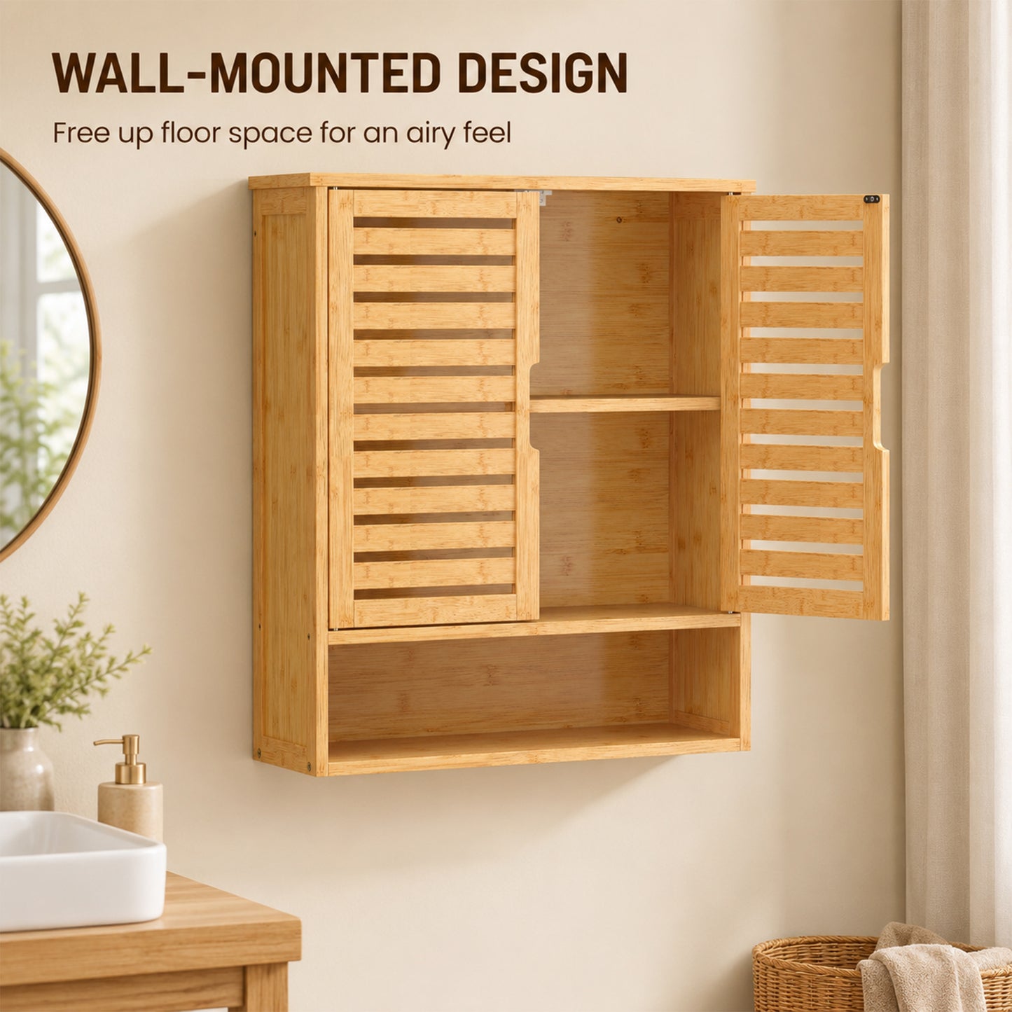 Wall Mounted Bathroom Cabinet with 2 Louvered Doors, Open Shelf