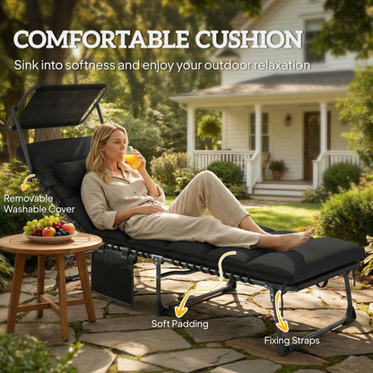 Folding Sun Lounger, Sunbed with Canopy, Black