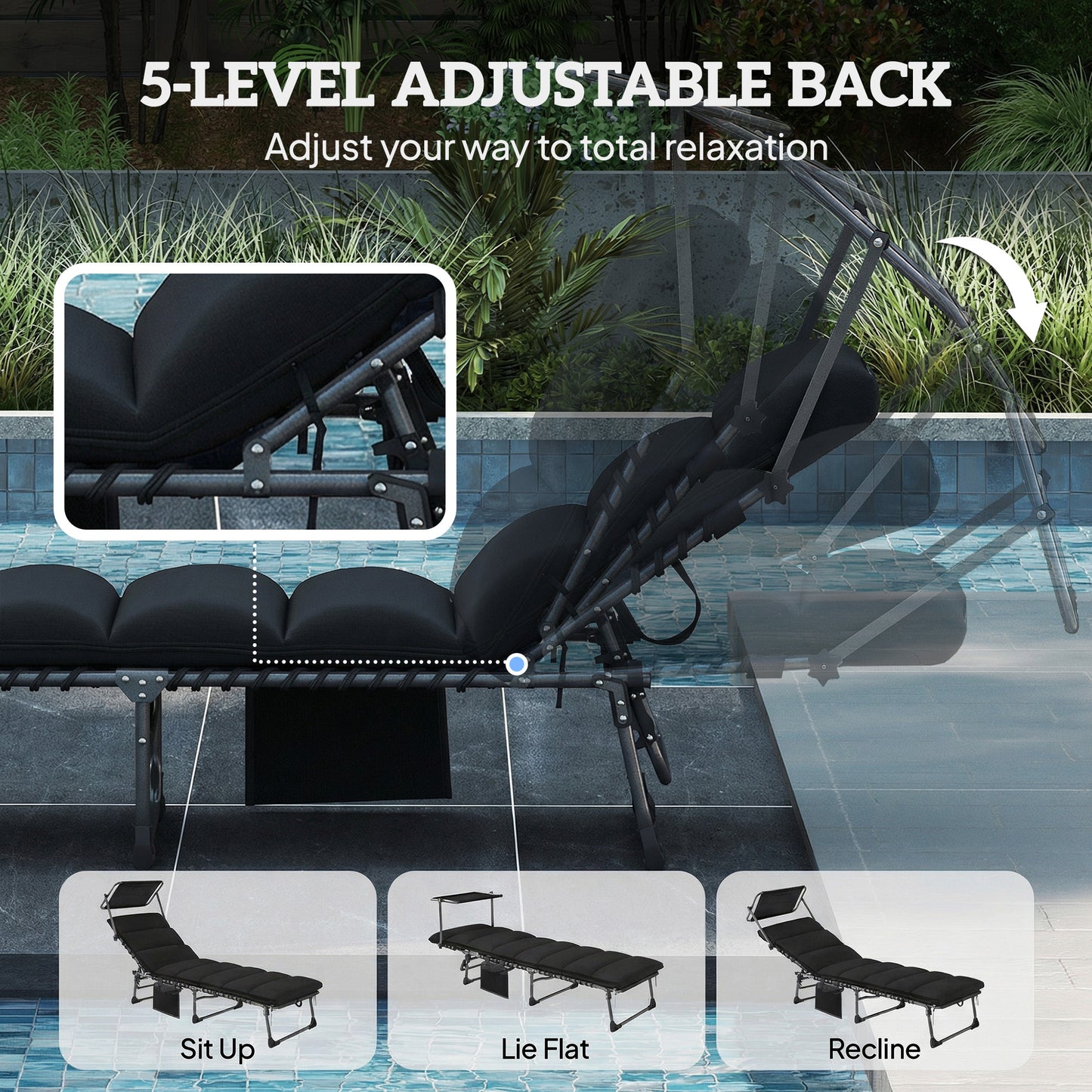 Folding Sun Lounger, Sunbed with Canopy, Black