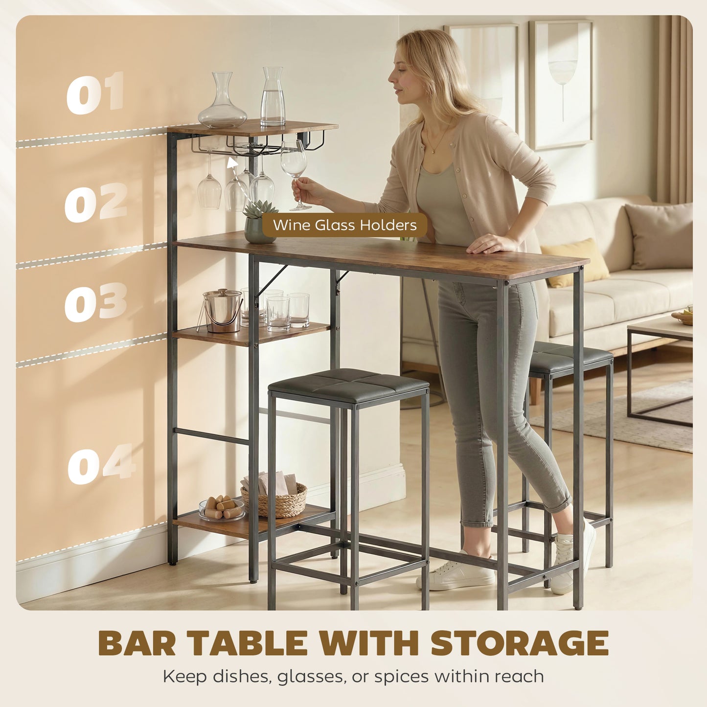 3Pcs Breakfast Bar Table and Stools Set 4-tier shelving, Rustic Brown