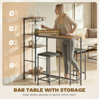 3Pcs Breakfast Bar Table and Stools Set 4-tier shelving, Rustic Brown