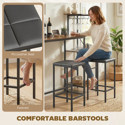 3Pcs Breakfast Bar Table and Stools Set 4-tier shelving, Rustic Brown