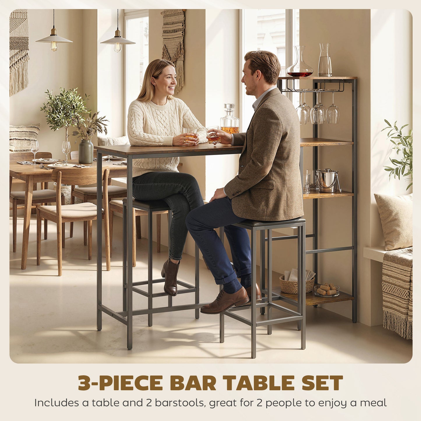 3Pcs Breakfast Bar Table and Stools Set 4-tier shelving, Rustic Brown